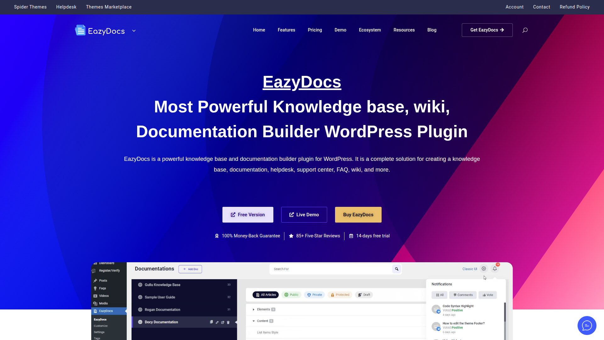 EazyDocs marketing homepage after leaving Elementor